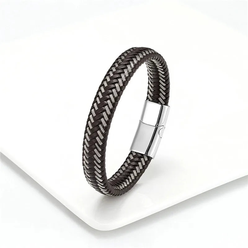 Leather Rope Stainless Steel Buckle Braided Bracelet
