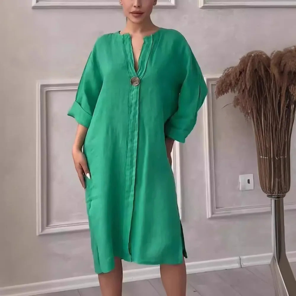 Cotton and Linen Solid Color Casual Round Neck Button Long Dress
