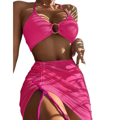 Solid Color 3Pce Bikini With Adjustable Drawstring