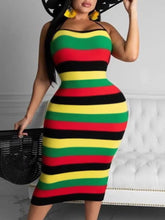 Striped Color Contrast Sleeveless Mid Calf Dress