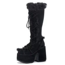 Knee-High Platform Flock Square High Heel Faux Fur Boots