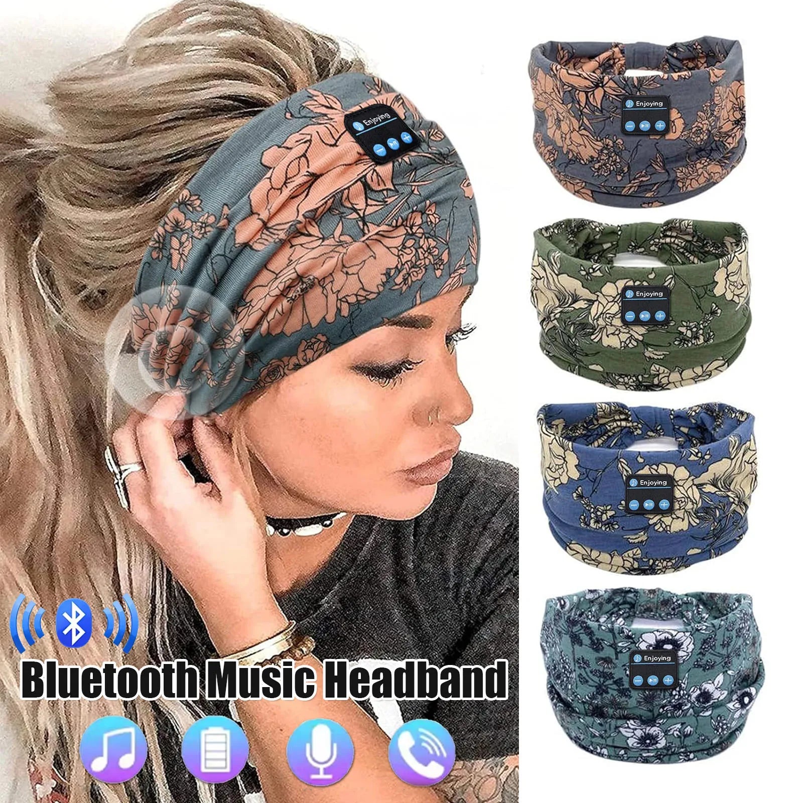 Wireless Bluetooth Floral Print Headband Headphones with Headset Microphone