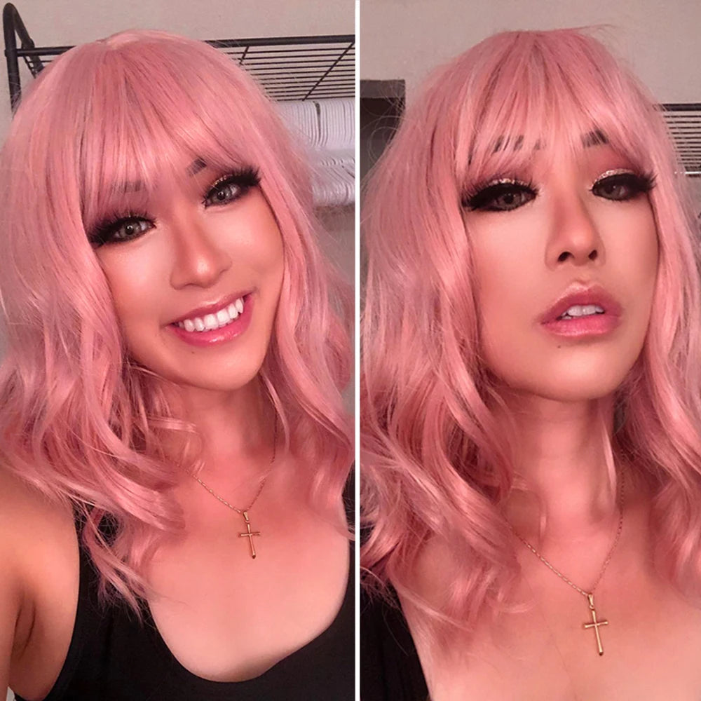 14" Soft Wavy Pink Wig With Bangs