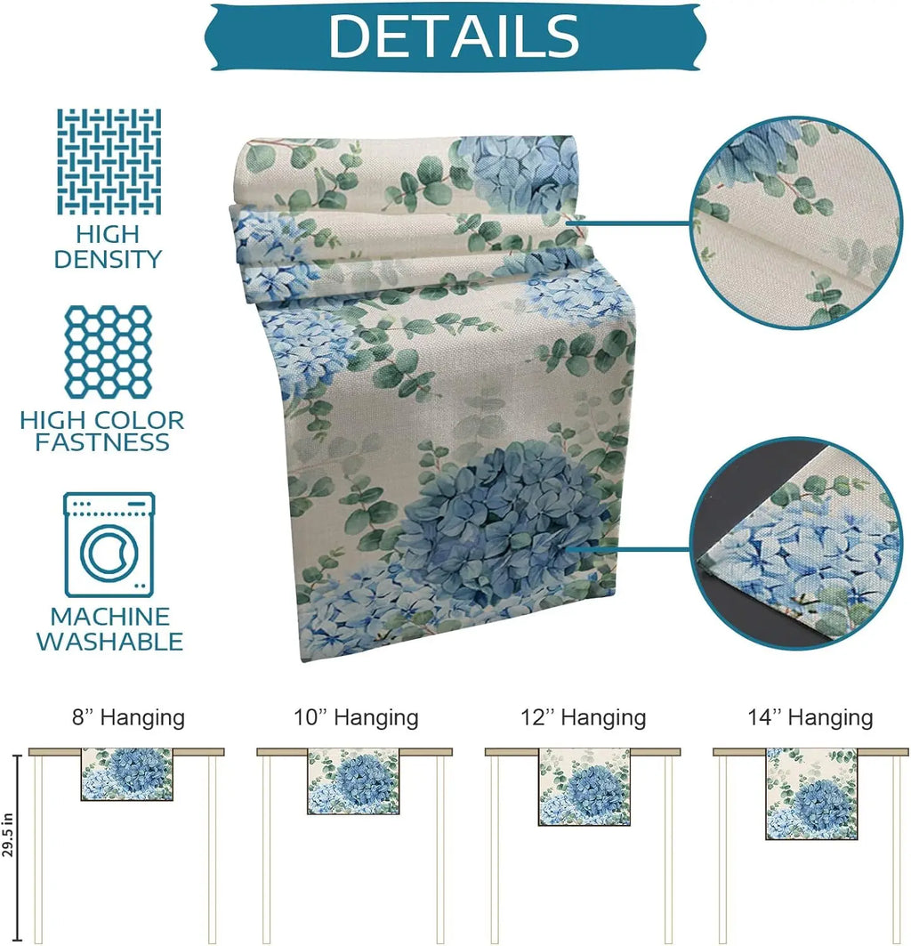 Blue Hydrangea Eucalyptus Plant Linen Table Runners