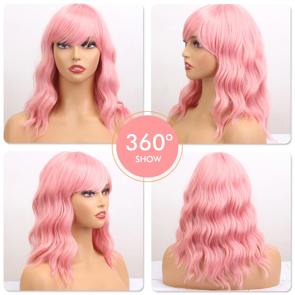 14" Soft Wavy Pink Wig With Bangs