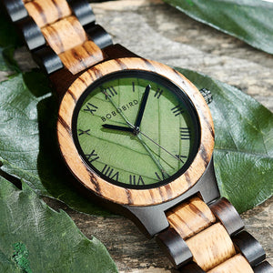 Wooden BOBO BIRD Handmade Natural Leaf Dial Wristwatch