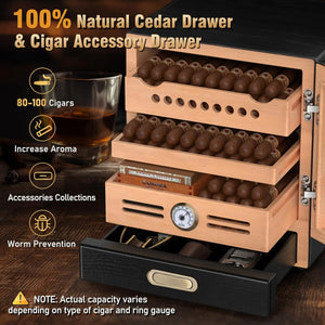 Spanish Cedar Wood Cigar Humidor Cabinet with Accessories Drawer, Precision Hygrometer and 2 Humidifiers