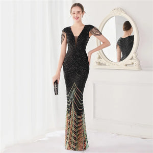 DEERVEADO Elegant V Neck Long Mermaid Evening Dress