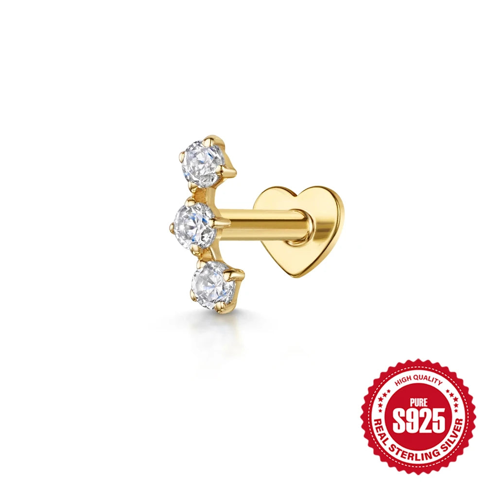 925 Sterling Silver Heart Flat Push-Back Zircon Piercing Stud Earrings