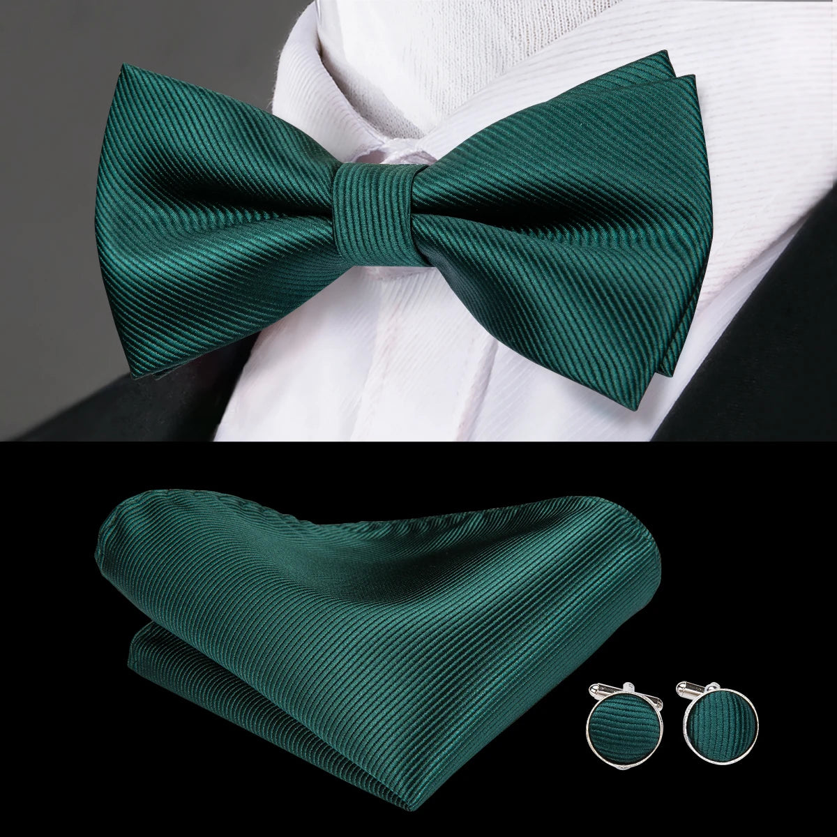 Solid Silk Bow Tie Hanky Cuff Links Set