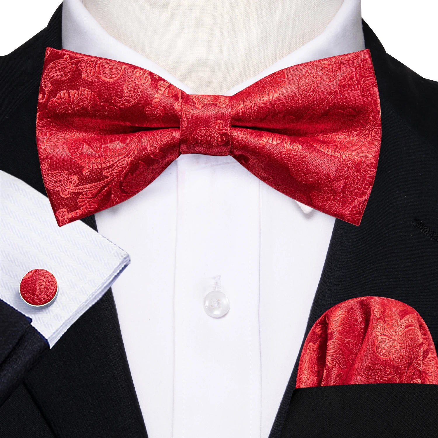 Barry.Wang Silk Bow Tie Hanky Cuffs Set