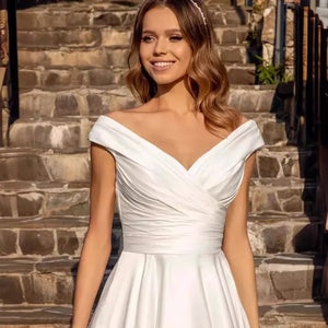 Hepburn Style Satin One-line Shoulder Wedding Dress