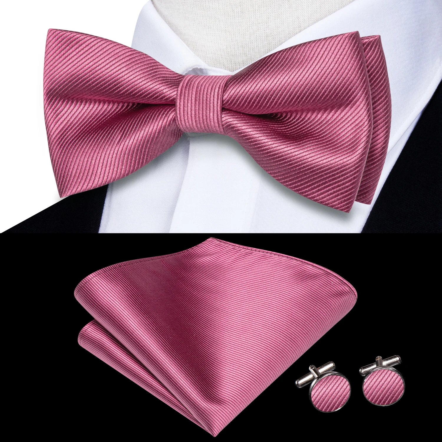 Solid Silk Bow Tie Hanky Cuff Links Set