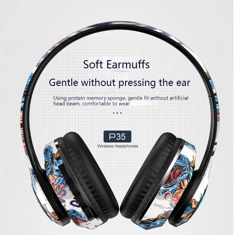 LED Graffiti Foldable Wireless Bluetooth Headphones Noise Canceling with Super Bass