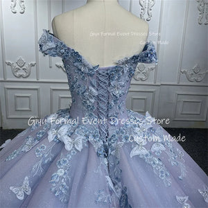 Giyu off Shoulder Shiny Lace Applique Ball Gown