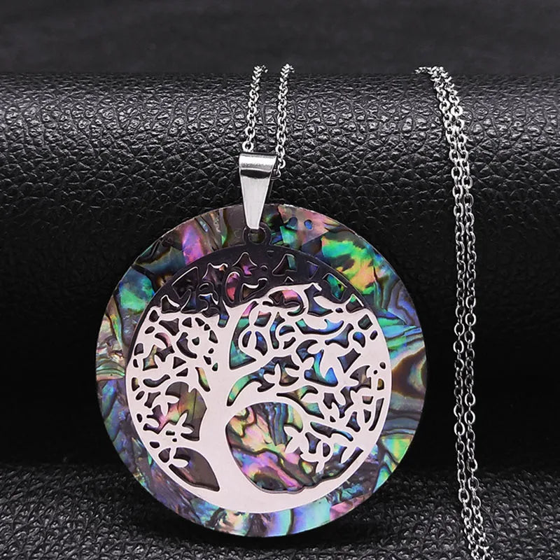 Tree of Life Stainless Steel Abalone Shell Natural Necklace Chain