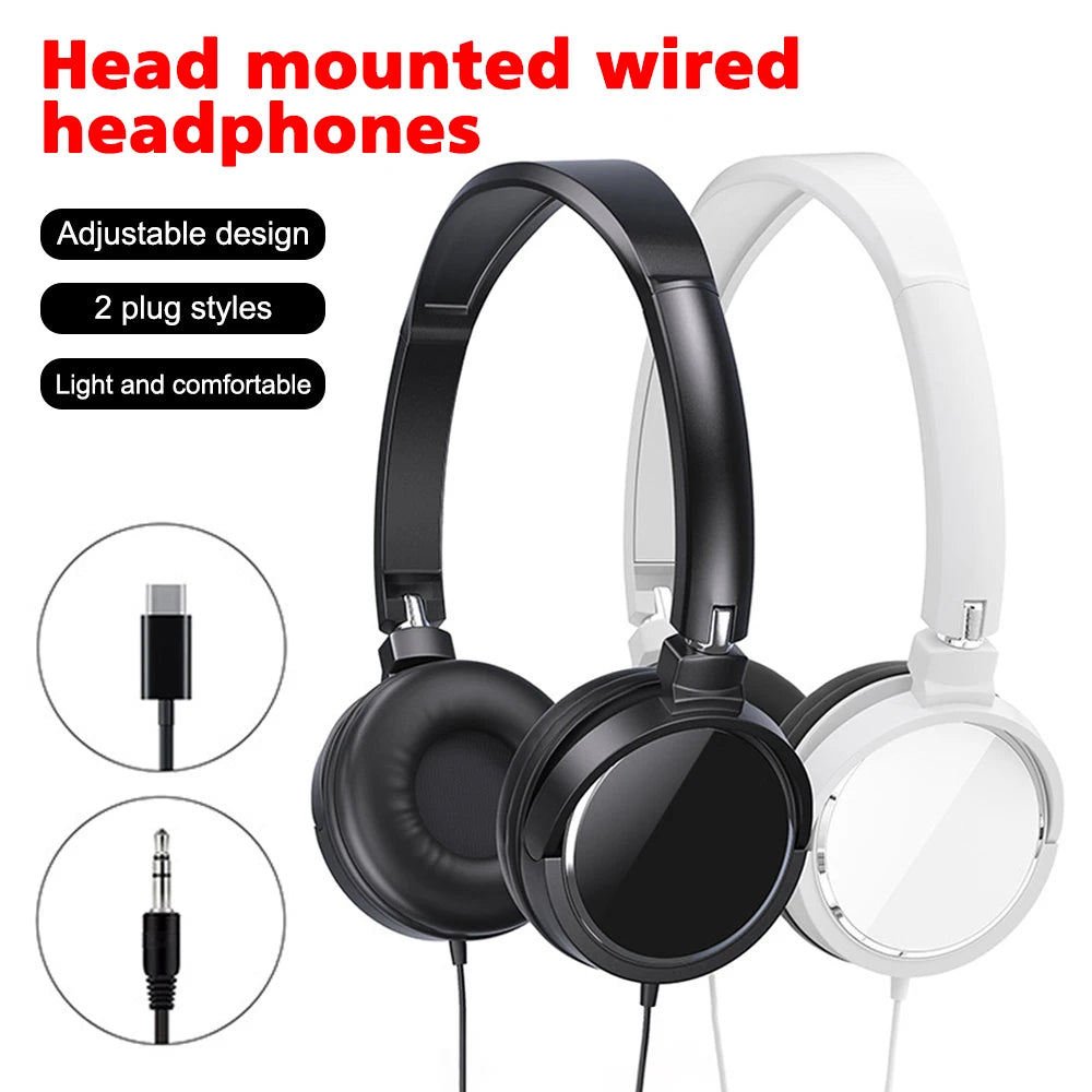 Foldable Adjustable Wired 3.5mm/Type C Bass Stereo Headphones