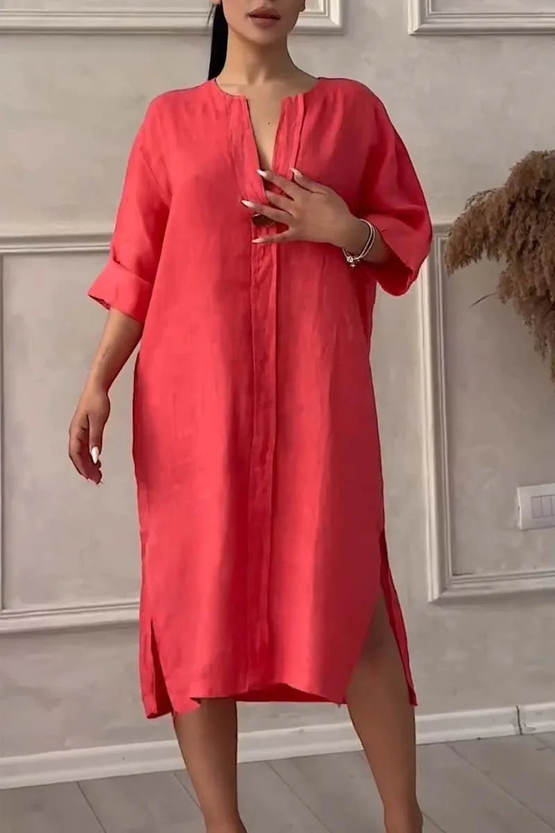 Loose V-neck Two Side Slit Pullover Dress