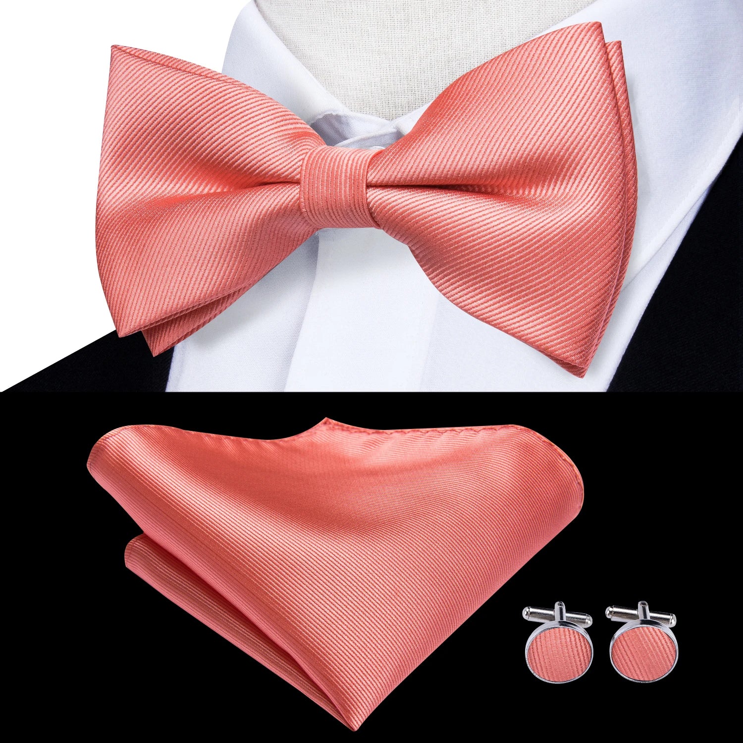 Solid Silk Bow Tie Hanky Cuff Links Set