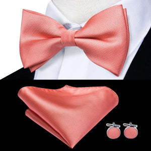Solid Silk Bow Tie Hanky Cuff Links Set