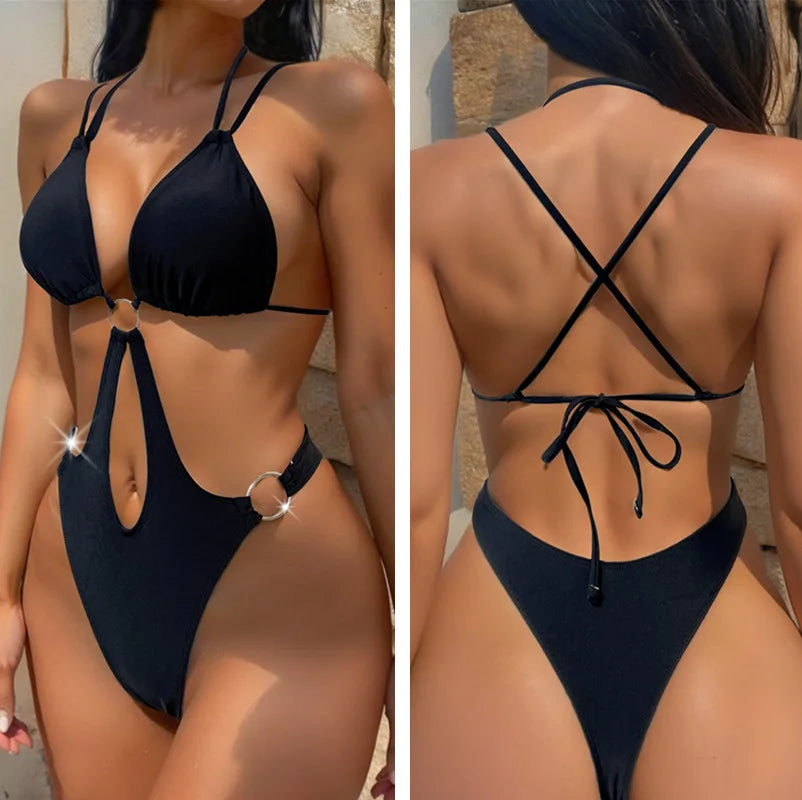 Women's Hollow One Piece Eye-Catching Monochrome Swimwear