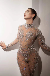 Sheer Rhinestone Sequined Stage Costume