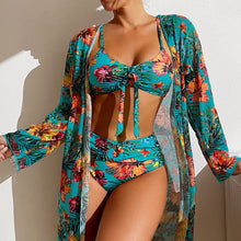 High Waist Floral Print Bikini Set With Mesh Long-Sleeved Cover Up