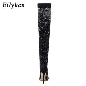 Crystal Rhinestone Stretch Fabric High Heel Over-the-Knee Boots