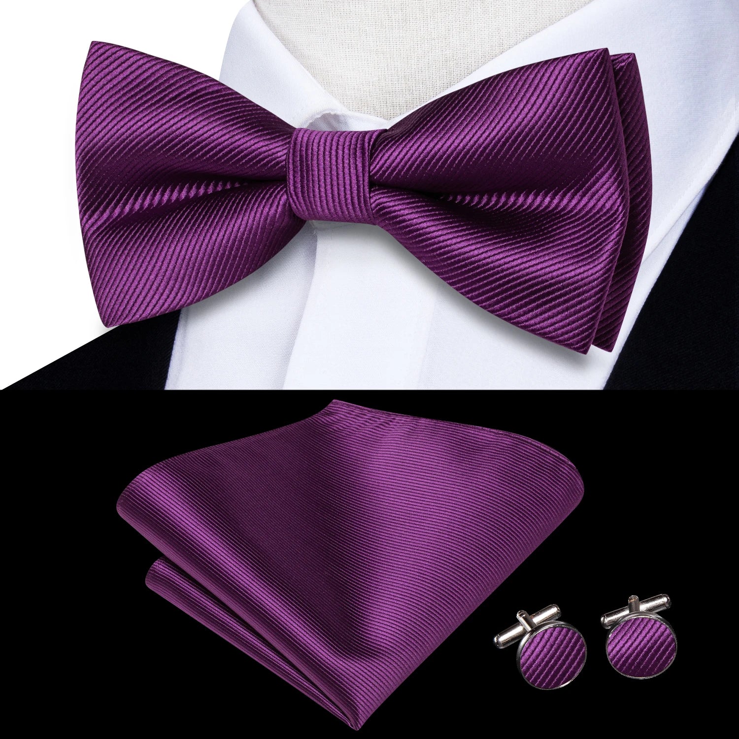 Solid Silk Bow Tie Hanky Cuff Links Set