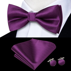 Solid Silk Bow Tie Hanky Cuff Links Set