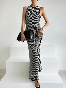 Round Neck Striped Contrast Slim Sleeveless Knitted Dress