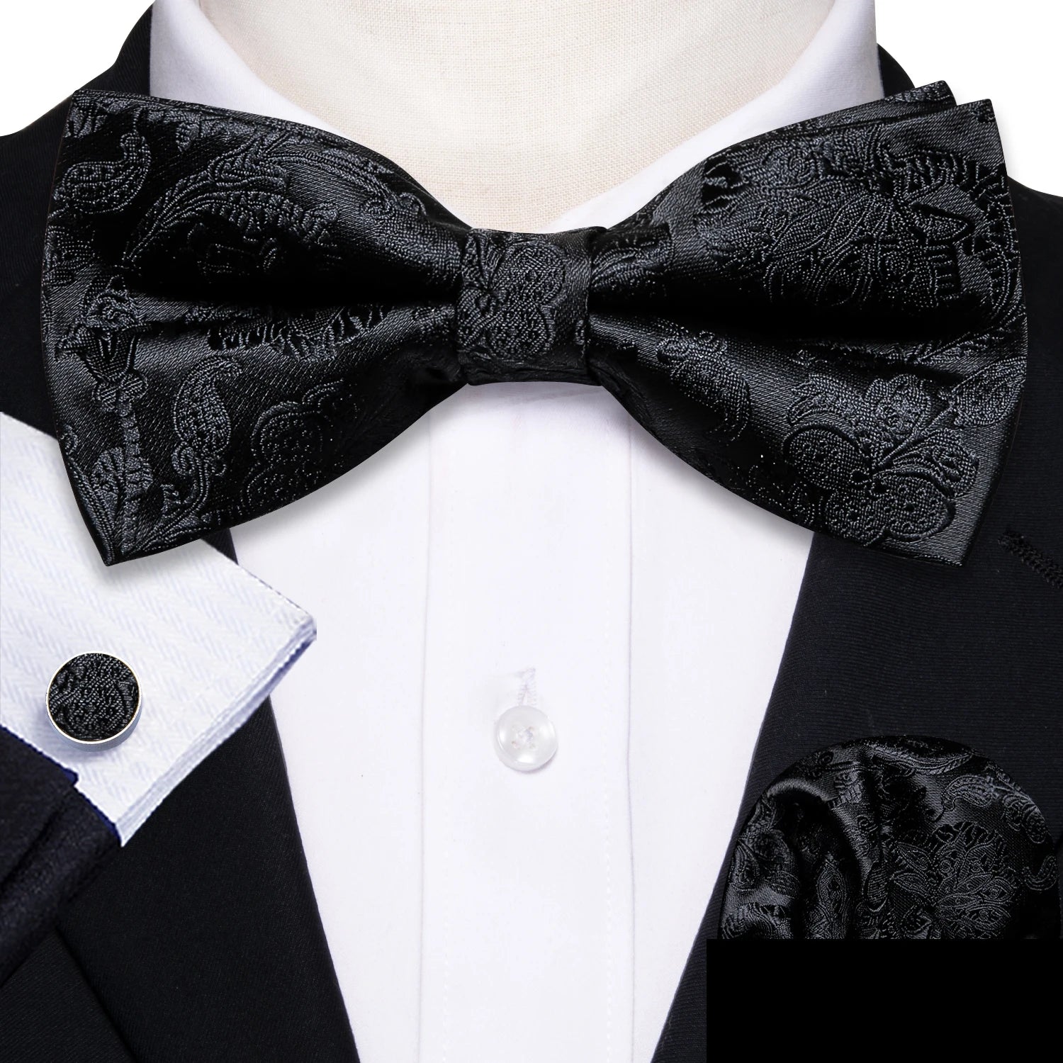 Barry.Wang Silk Bow Tie Hanky Cuffs Set