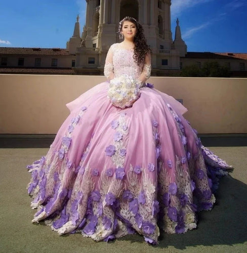 Long Sleeves Floral Pearls Sweet 16 Dress