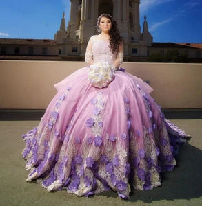 Long Sleeves Floral Pearls Sweet 16 Dress