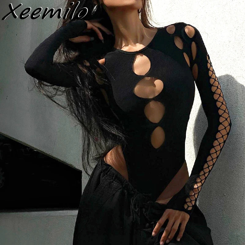 Xeemilo Hollow Out Long-Sleeve Bodysuit