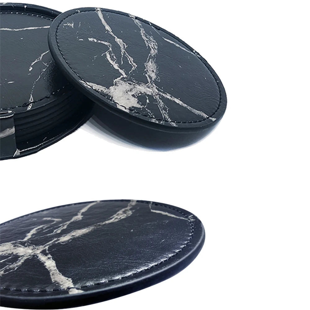6-Pcs Artificial Leather Marble Style with Holder Drink Coasters