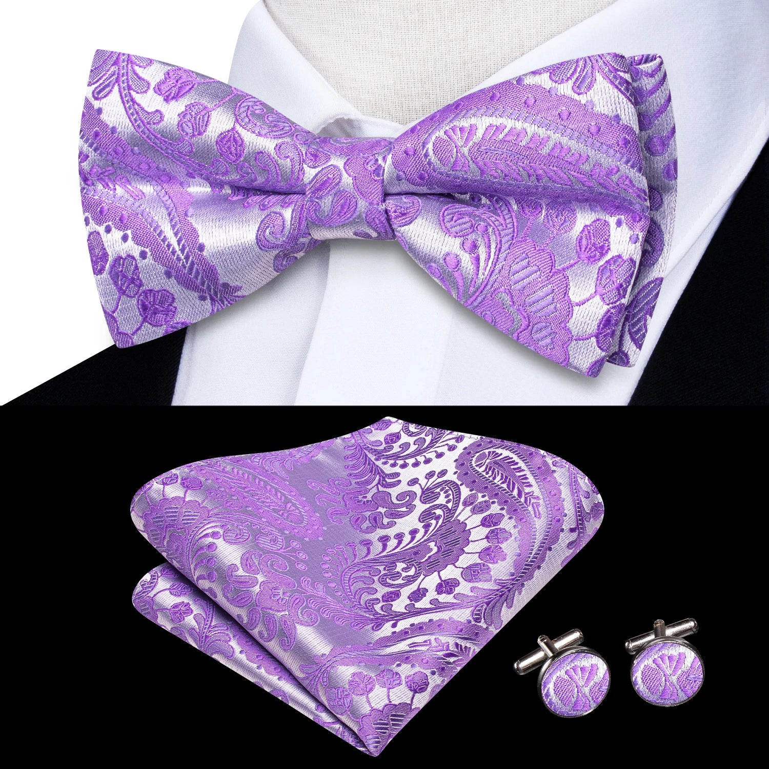 Solid Silk Bow Tie Hanky Cuff Links Set