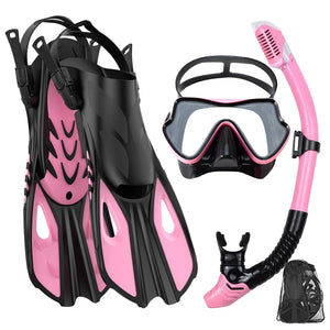 Mask Fin Snorkel Set Panoramic View Mask Adjustable Dive Flipper Dry Top Snorkel and Travel Bag