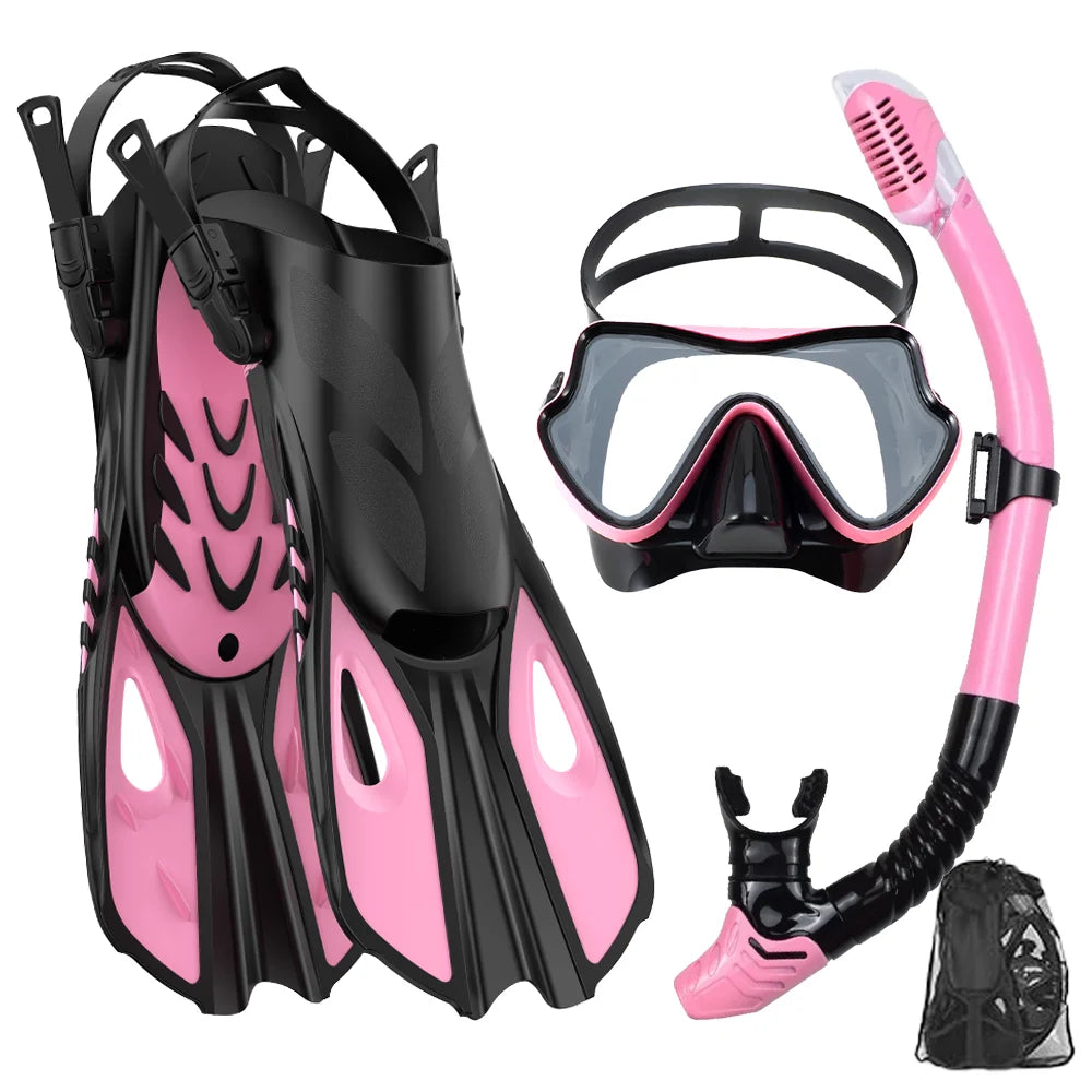Mask Fin Snorkel Set Panoramic View Mask Adjustable Dive Flipper Dry Top Snorkel and Travel Bag
