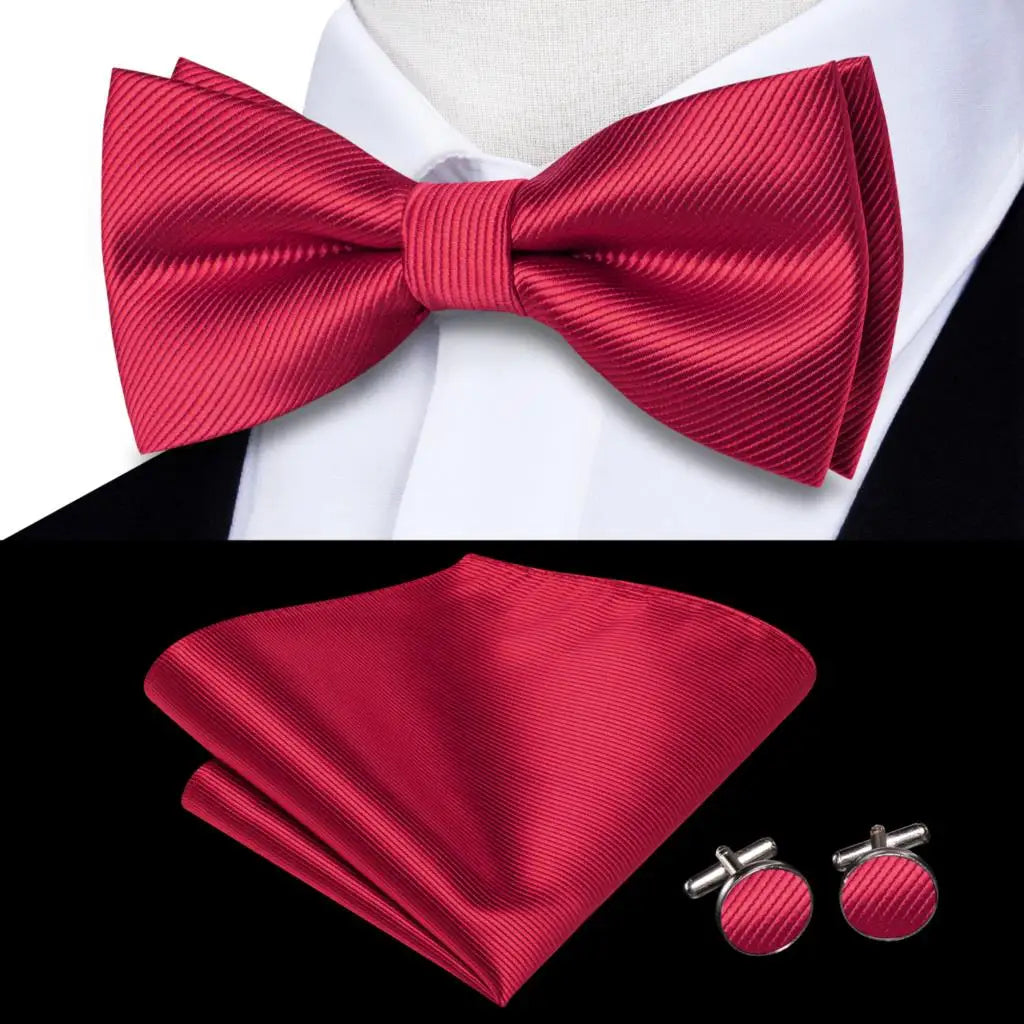 Solid Silk Bow Tie Hanky Cuff Links Set