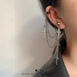 Cross Tassel Integrated Clip Stud Earring