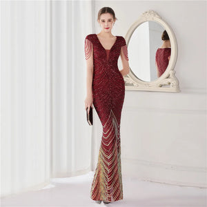 DEERVEADO Elegant V Neck Long Mermaid Evening Dress