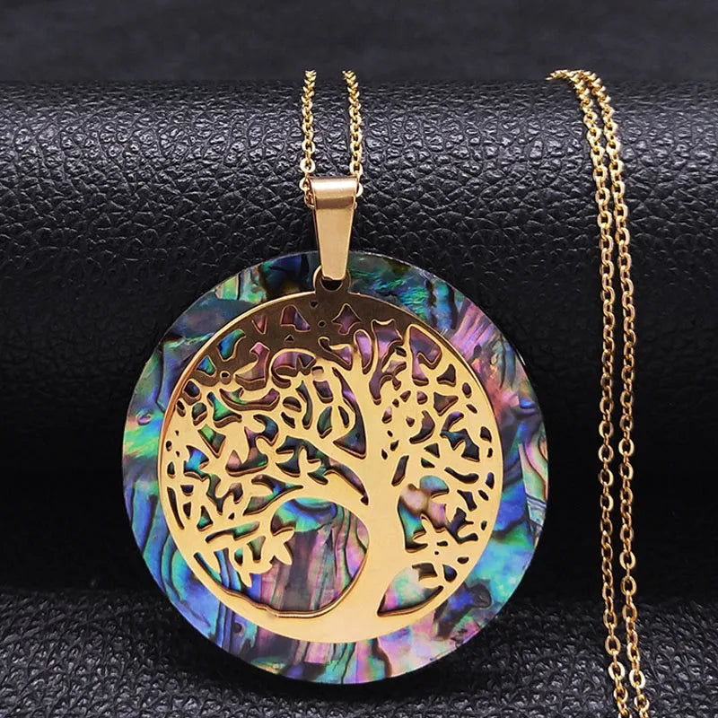 Tree of Life Stainless Steel Abalone Shell Natural Necklace Chain
