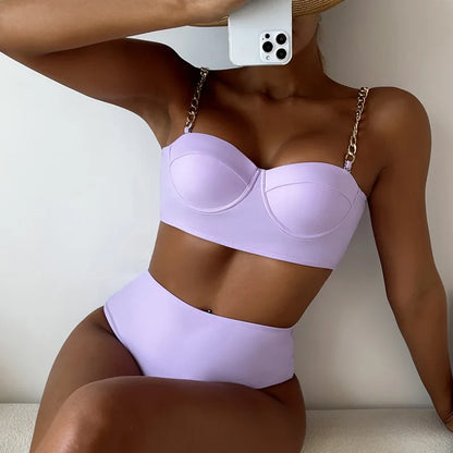 Hard Wrap Top Underwire Chain Shoulder Straps High Waist Swimwear