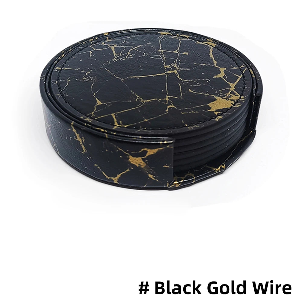 6-Pcs Artificial Leather Marble Style with Holder Drink Coasters