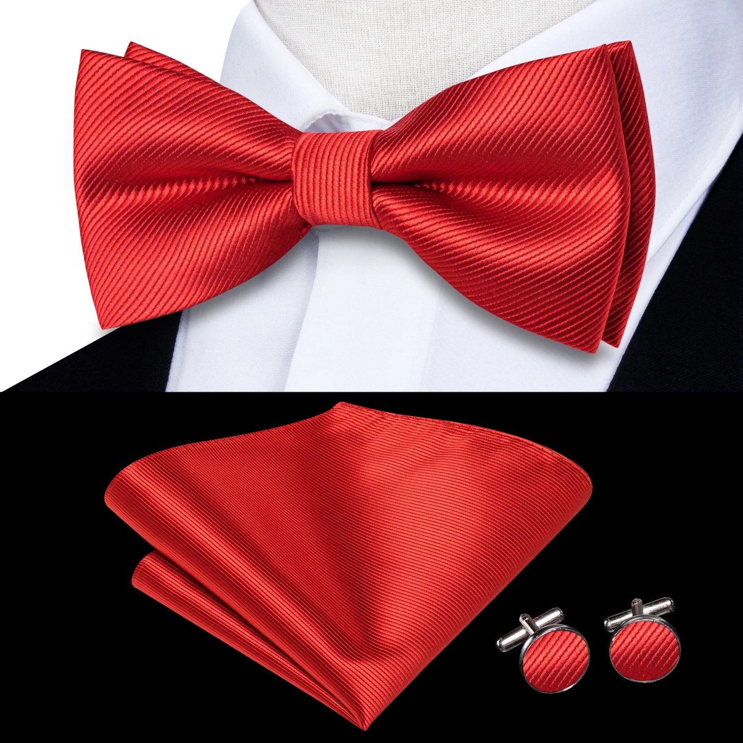 Solid Silk Bow Tie Hanky Cuff Links Set