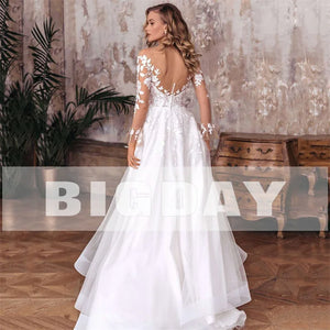 Elegant A-Line Open Back Long Sleeve Side Split Bridal Gown with Sweep Train