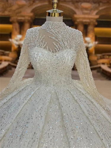 Flavinke High Neck Bead Sequins Long Sleeve Bride Dress