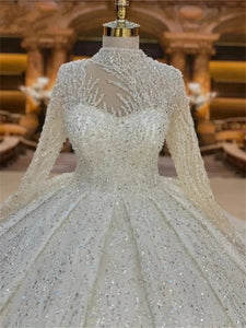 Flavinke High Neck Bead Sequins Long Sleeve Bride Dress
