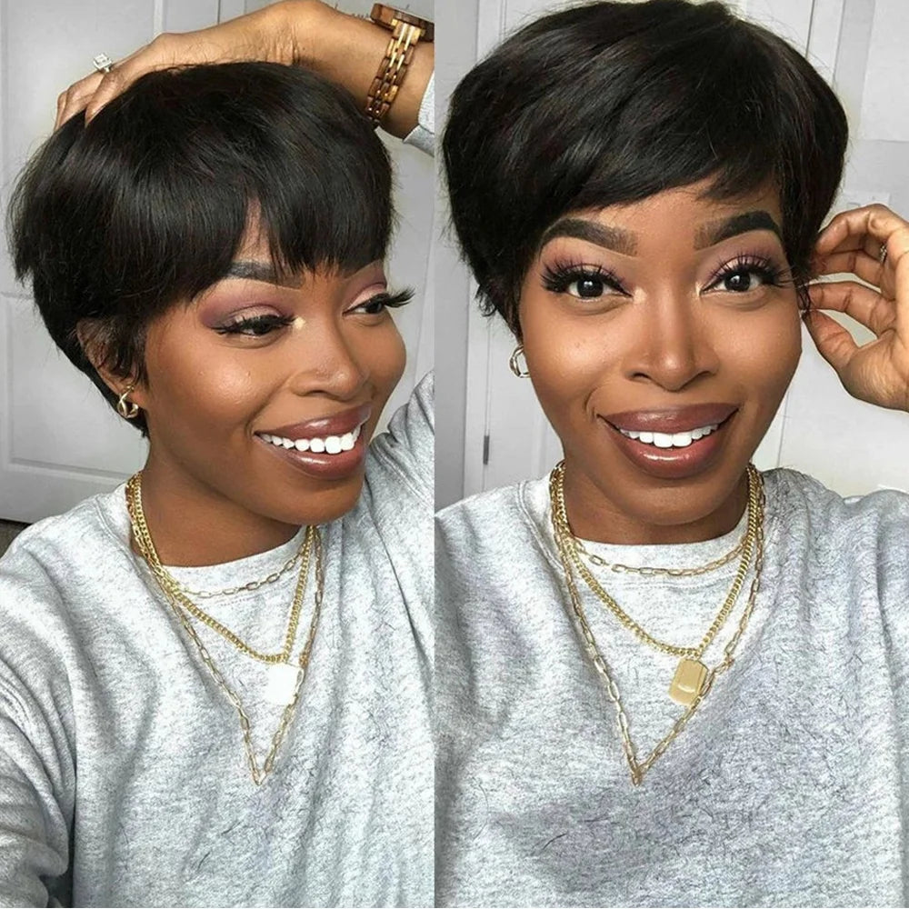 Short Human Hair Pixie Cut Straight Wig With Bangs